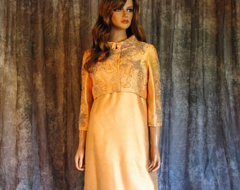 Vintage 60s Peach Silk Shantung Beaded Gown Matching Beaded Jacket Vintage 1960s Jackie O Wedding Bridal Dress Dress and Jacket Set M