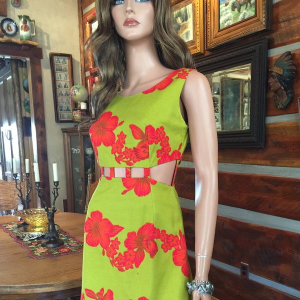 Vintage 60s Bare Midriff Hawaiian Mini Dress | Hawaiian Togs 60s Dress | Floral Hibiscus Print | Surfer Girl Sundress