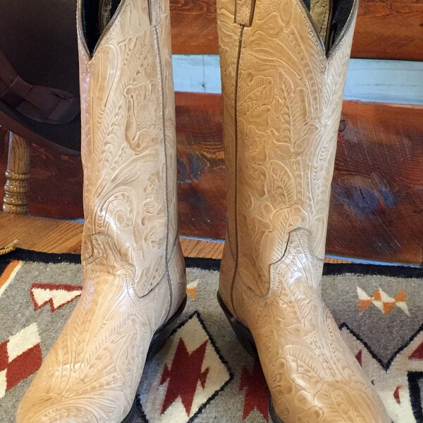 Vintage 1990's Code West Womens Cowboy Boots |  Embossed Leather | Hand Tooled Look | Size 6M