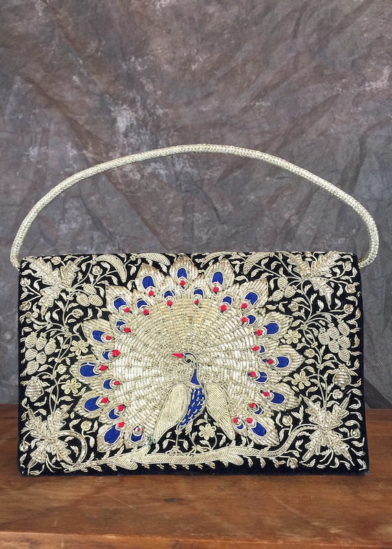 Peacock Velvet Purse | 1920s Zardozi Silver Metall