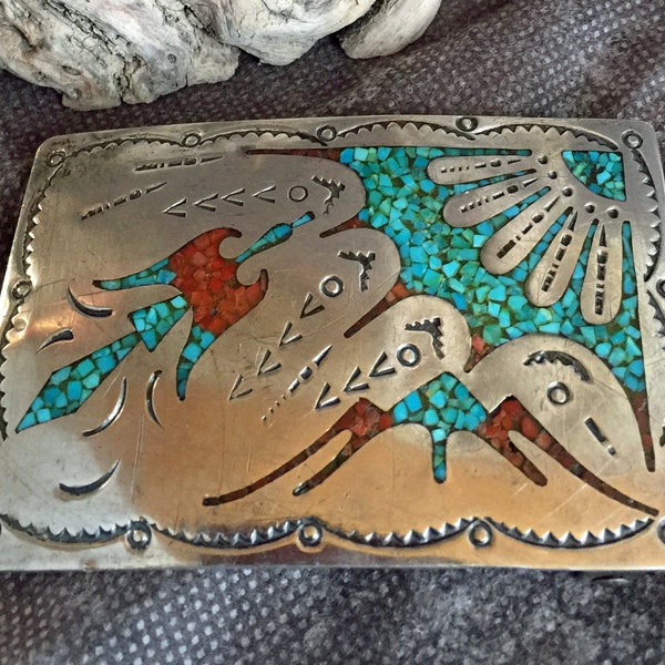 Gilbert Ortega Enterprises  Sterling Silver Belt Buckle | Vintage Native American Chip Inlay | Peyote Bird