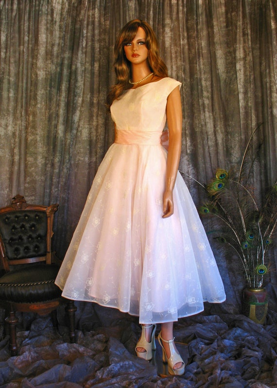 Vintage 50s Floral Flocked Chiffon Gown / 50s Fit