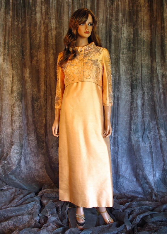 Vintage 60s Peach Silk Shantung Beaded Gown Matchi