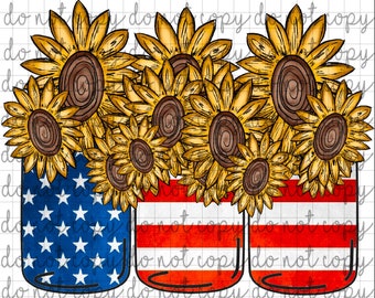 Patriotic Mason Jars. Sunflowers. PNG Instant Download. America.