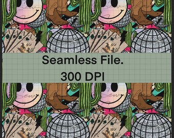 PNG Instant Download. Seamless File. Western. Retro. Hip. Boots. Disco ball. Cards.