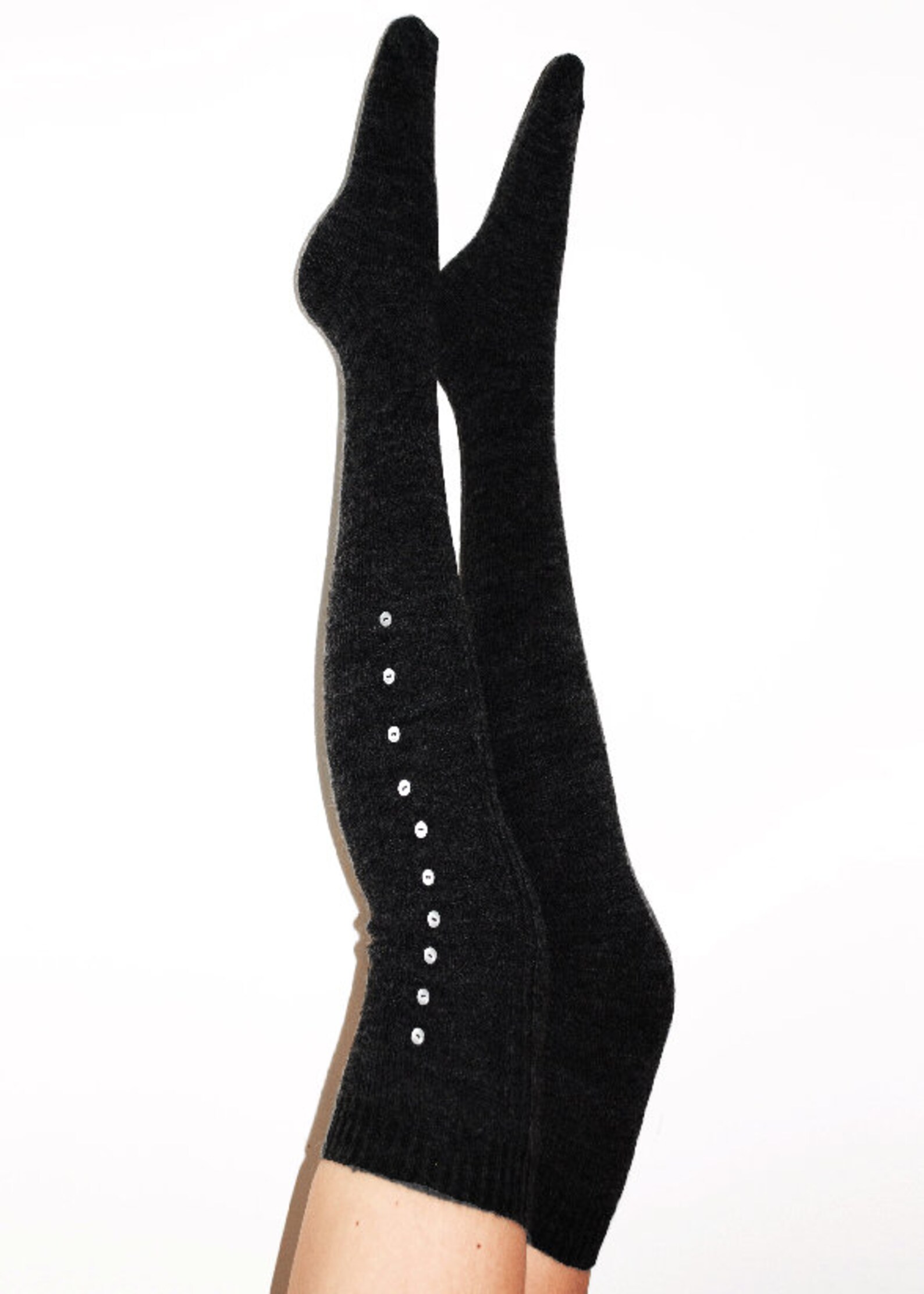 Thigh High Socks Black With White Buttons Cute Women's Etsy