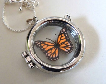 Miniature Monarch Butterfly Silver colored Locket Necklace Charm locket pendant Memento Jewelry Nature necklace birthday gift