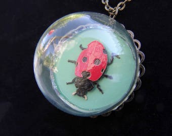 Mini Terrarium Cloche pendant with necklace, bronze, stocking stuffer for her, Lady Bird jewelry, Lucky beetle, Mini Lady Bug Jewelry,