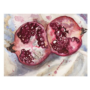 wall art painting in red,  pomegranate fruit food art, small kitchen original watercolor, fun and funky detailed artwork, realistic art art