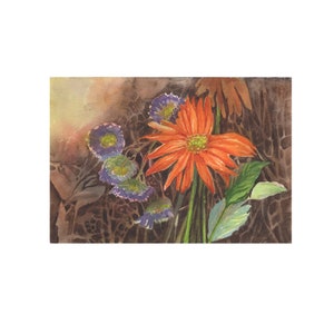 brown orange flower framed art painting ready to hang - handmade original - watercolor beautiful art - small floral - fairy folk wall deco