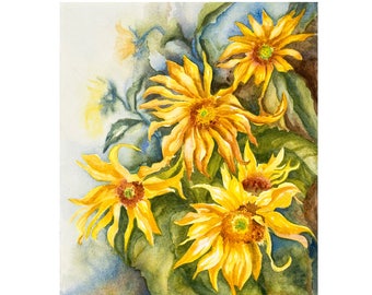 wall decor art print sunflowers - watercolor flower - farmhouse decor - yellow flower art - yellow wall art - bedroom wall decor - bohemian