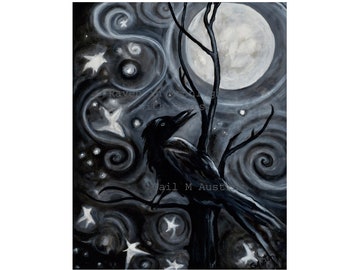 wall art painting blackbird -  Raven art black and white wall art - full moon - boho stars - wall decor - crow original painting - painting