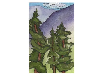 home decor art - painting original watercolor - colorado mountain landscape - 3x5 wall art picture - small artwork - tree artwork painting