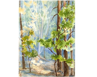 forest wall art - painting woodland - watercolor landscape - earth tones organic - blue green brown - light in the forest -award winning art