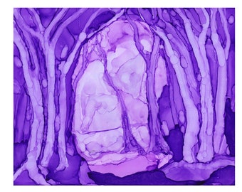 wall art purple home decor painting alcohol ink - forest painting - 5x7 wall art - Abstract expressionist - fantasy landscape mystical art