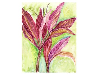 tropical leaves colorful watercolor original painting, verigated croton, wall art jewel tones, chartreuse red pink, 11x14 art, botanical art