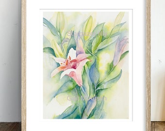 Painting Stargazer Lily Watercolor Art Print: Pink Floral Wall Decor (8x10)