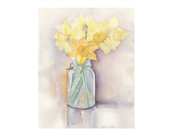 wall art springtime floral - daffodils in mason jar - watercolor painting yellow flowers - original painting - home decor - farmhouse comfy