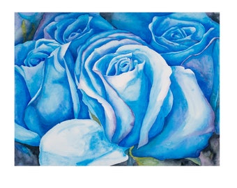 wall art Large Blue Roses - Painting Watercolor - Enchanting floral Rose art - contemporary farmhouse Decor - unique framed - beautiful art