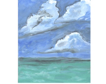 wall art ocean acrylic painting - oceanscape expressive original art - blue green - 11x14 - puffy clouds at the ocean - acrylic on canvas