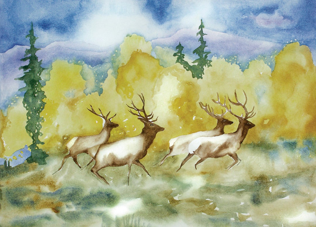 Wall Art Prints Elk Watercolor Colorado Fall Mountain Art Etsy