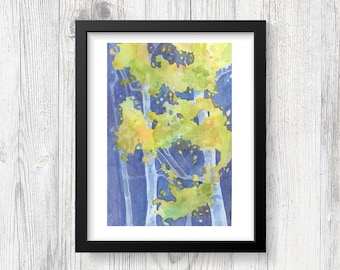 Colorado forest painting, aspen trees autumn, watercolor original landscape, framed wall art, 8x10 framed decor, blue gold, nature lover art