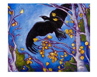 wall art spiritual original painting - trees blackbird raven - crow art - October Autumn - mystical Inspirational - black blue art - 20x24