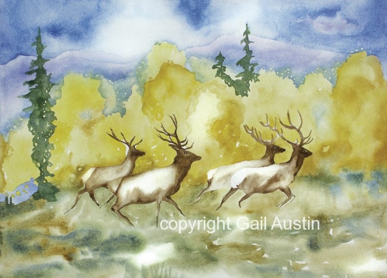 Wall art prints elk watercolor Colorado Fall Mountain Art Elk animal wilderness art art Colorado woodland natural landscape image 5