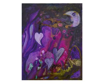 wall decor art black purple - 5x7 painting - original painting with heart motif - Small mini original art - mixed media - Abstract art paint