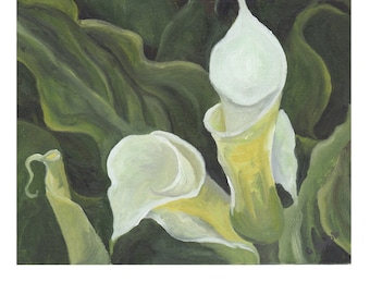 lily flower art wall art painting - white flower with green folage - 8x10 oil - floral handmade original - calla lily flower