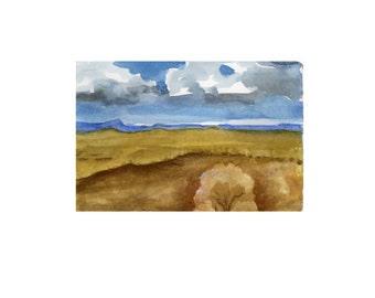 wall art painting landscape art - western grassland painting - small wall decor art - wheat landscape - 3x5 mini - handmade - Puffy Clouds