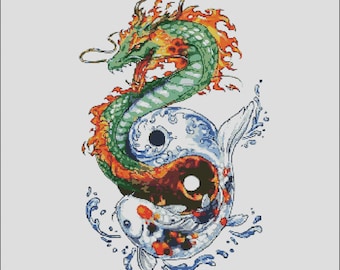 Dragon and Koi Equilibrium - Cross Stitch Pattern Pdf