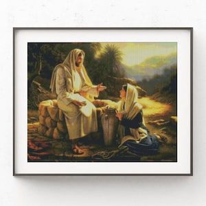 Frau am Brunnen - Kreuzstichvorlage Zählmuster - Druckvorlage PDF-Format Handarbeiten Stickerei Basteln DIY DMC color