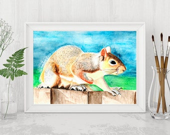Squirrel Watercolor Art Print, Squirrel Wall Art, Watercolor Wall Art - Home Decor