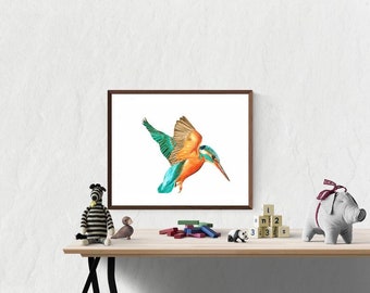 British Kingfisher Art Print Painting - Tea Blue Bird Watercolor  Home Decor Wall Art Print