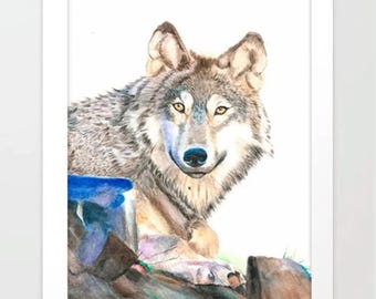 Watercolor Grey Wolf Art Print - Wall Decor- Painting