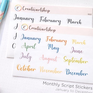 Adesivos Mensais com Letras Cursivas | Adesivos com Letras de Janeiro a Dezembro | Adesivos de Calendário com Letras Cursivas para Agendas e Bullet Journals