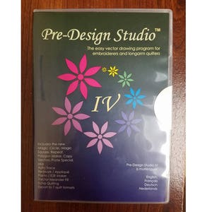 May include: A DVD case for "Pre-Design Studio" featuring a floral design in pink, yellow, and blue. The text reads "The easy vector drawing program for embroiderers and longarm quilters" and "IV". Includes English, French, Deutsch, and Nederlands.