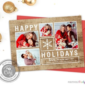 Bewerkbare Happy Holidays Rustieke Houten Sneeuwvlokkaart - Kerstfotokaart - Bewerkbare uitnodiging - Instant Download - Corjl Kerstkaart