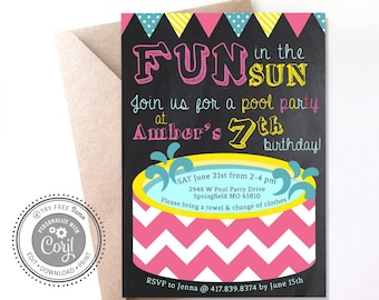 Chalkboard Pool Party Birthday Invitation - Editable Invitations - Instant Download - Corjl Invitations - Girl Pool Party Invitations