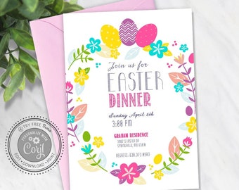 Bright Color Easter Invitation - Easter Bright Colorful Flowers Wreath Invite - Editable Invitations - Instant Download - Corjl Invitations