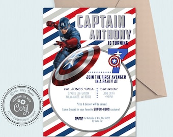編集可能なキャプテン・アメリカの誕生日招待状 - アベンジャーズテーマ（デジタルダウンロード）
