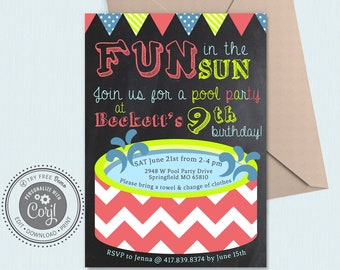 Chalkboard Pool Party Birthday Invitation - Editable Invitations - Instant Download - Corjl Invitations - Boy Pool Party Invitations