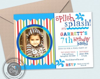 Pool Party Picture Birthday Invitation - Splish Splash Boy Pool Party Invite - Editable Invitations - Instant Download - Corjl Invitations