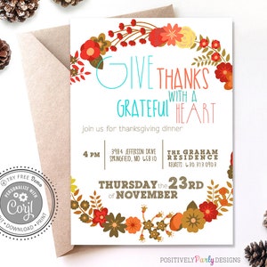 Editable Give Thanks Fall Wreath Thanksgiving Invitation - Editable Invitations - Instant Download - Corjl Invitations - Friendsgiving Party