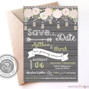 Editable Peony Mason Jar Lights Wood Save the Date Invitation - Editable Invitation - Instant Download - Corjl Invitation - Rustic Wedding
