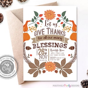 Editable Give Thanks For Our Blessings Thanksgiving Invitation - Editable Invitations - Instant Download - Corjl Invitations - Friendsgiving