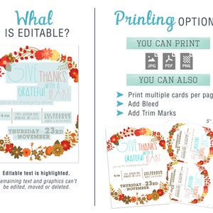 May include: Editable Thanksgiving invitation template with a fall floral wreath design. The text "Give Thanks with a Grateful Heart" is highlighted in the design. The invitation is 5 inches by 7 inches and can be printed in JPG, PDF, or PNG format.
