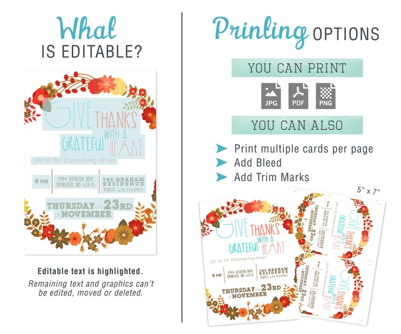 May include: Editable Thanksgiving invitation template with a fall floral wreath design. The text "Give Thanks with a Grateful Heart" is highlighted in the design. The invitation is 5 inches by 7 inches and can be printed in JPG, PDF, or PNG format.