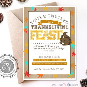 Editable Thanksgiving Feast Invitation - Fall Squirrel - Editable Invitations - Instant Download - Corjl Invitations - Friendsgiving Party